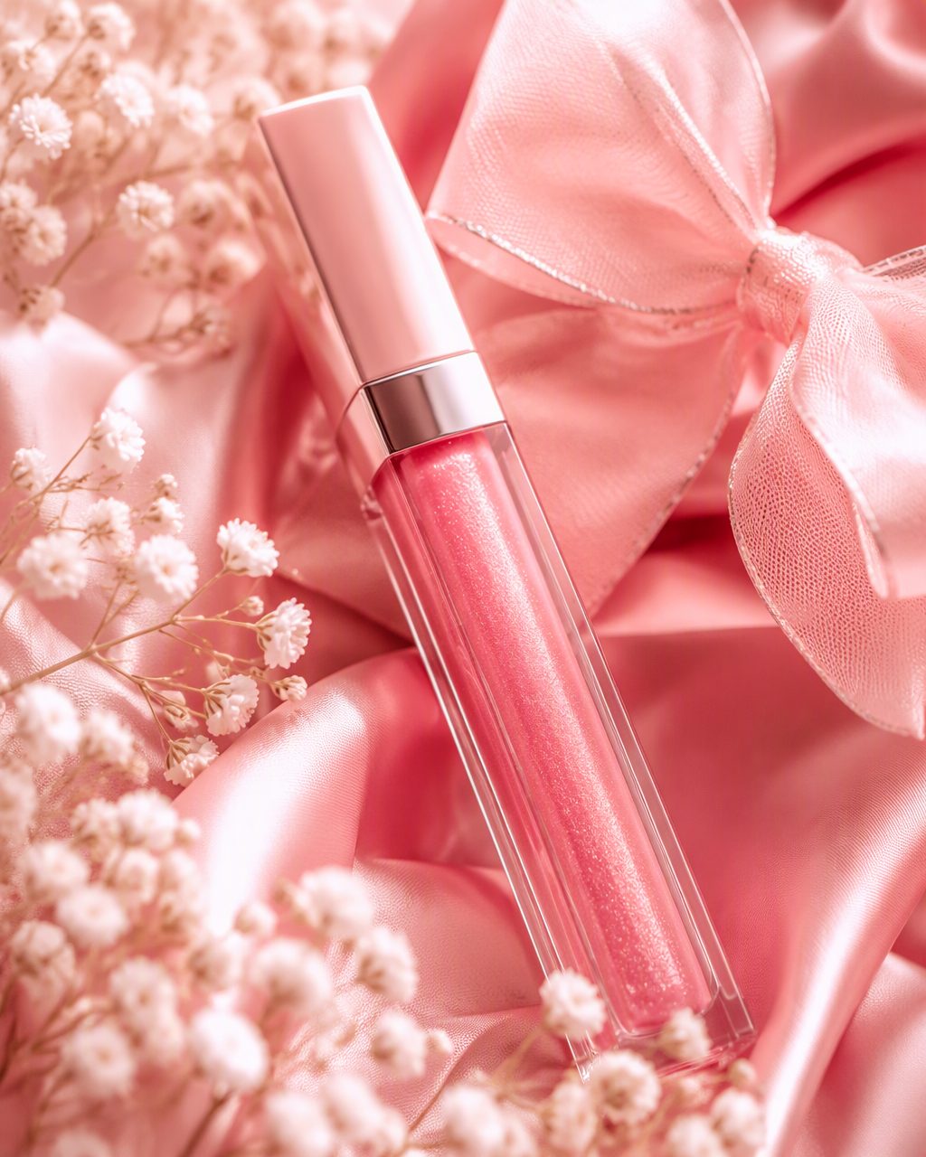 Bunny Pink gloss tube on pink satin with baby's-breath flowers